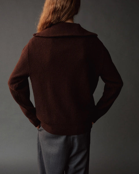 Mijeong Park Ribbed Half Zip Sweater Brown - Styled Shot Showing Sporty Chic Knit Paired with Denim