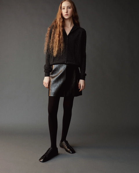 Mijeong Park Mock Neck Cardigan Charcoal - Close-Up of Ribbed Cuff and Hem Detail