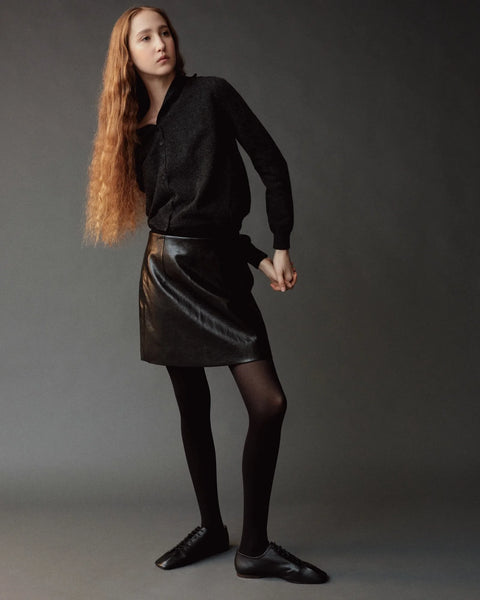 Mijeong Park Mock Neck Cardigan Charcoal - Front View Showing Mock Neck Roll Detail Fully Buttoned