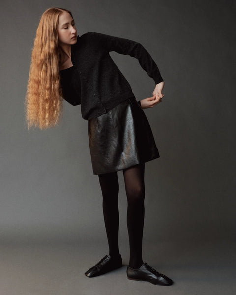 Mijeong Park Mock Neck Cardigan - Side View Highlighting Long Sleeve Silhouette in Charcoal Wool Blend