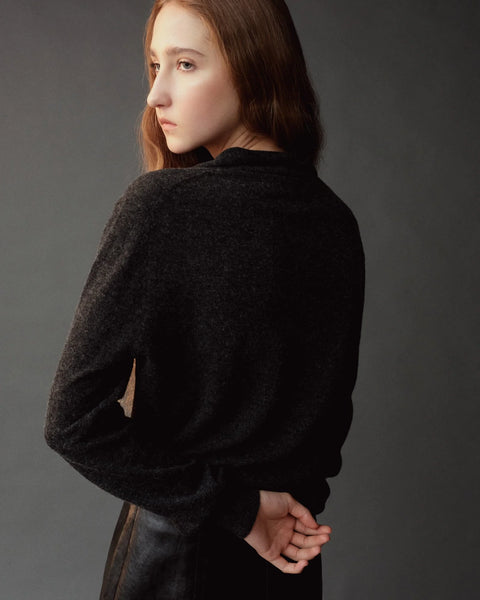 Mijeong Park Mock Neck Cardigan in Charcoal - Front View Showing Cardigan Worn Open and Layered