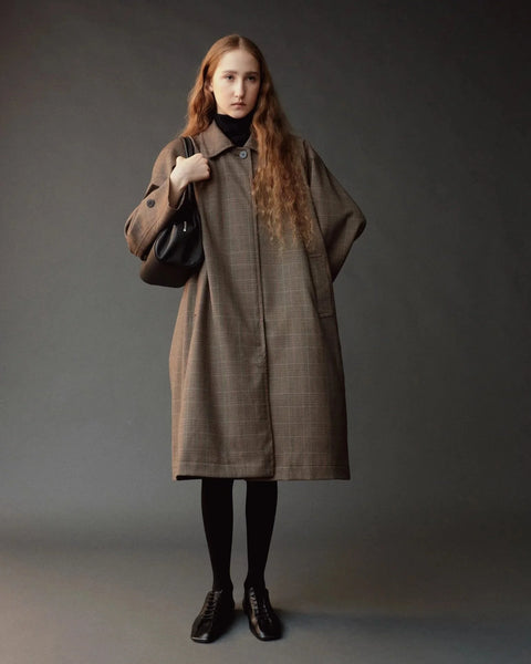 Mijeong Park Trench in Brown Plaid - Back View of Women's Fully Lined Wool Blend Coat