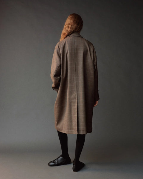 Mijeong Park Wool Blend Trench Brown Plaid - Close-Up of Welt Pocket and Raglan Sleeve Detail