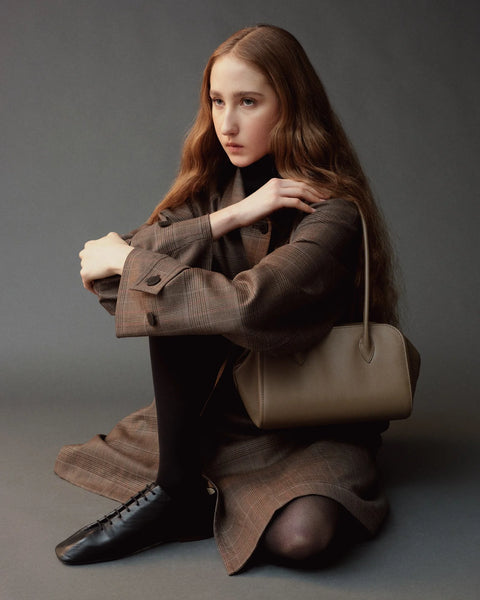 Mijeong Park Trench Coat in Brown Plaid - Detail Shot Showing Fully Lined Interior and Wool Blend Fabric