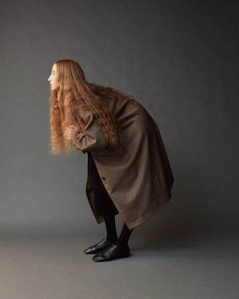 Mijeong Park Wool Blend Trench Brown Plaid - Styled Shot Showing Oversized Plaid Coat for Autumn Layering