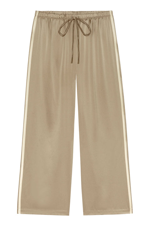 DONNI Silk Stripe Crop Pant in Shitake Creme - Styled Shot of Women's Refined Neutral Silk Cropped Trouser Made in California