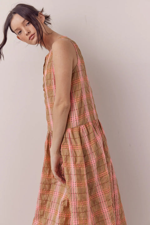 Amente Sleeveless Button-Down Midi Dress | Taupe Pink Plaid