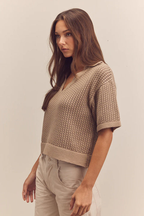 Amente Collared Textured Sweater Top | Mocha