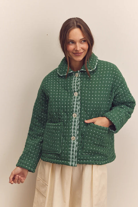 Amente Quilted Round Collar Button-Down Jacket | Green