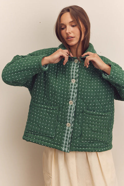 Amente Quilted Round Collar Button-Down Jacket | Green