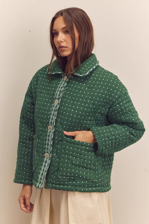 Amente Quilted Round Collar Button-Down Jacket | Green