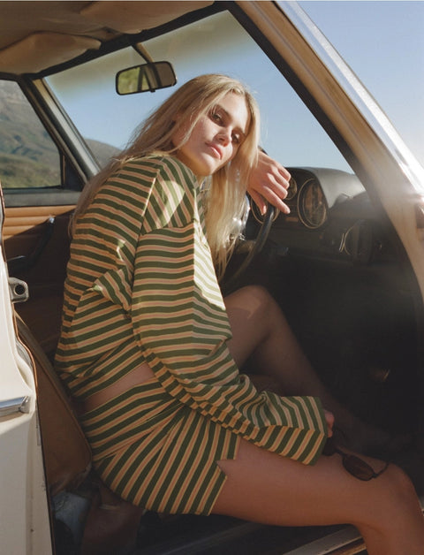 Apres June melon striped long sleeve tee flat lay – oversized women's long sleeve top in warm orange stripe