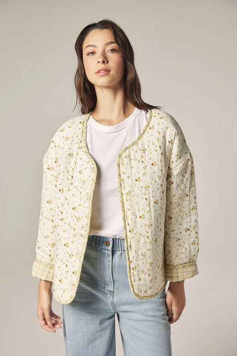 Amente Eyelet Reversible Quilted Jacket | Cream + Yellow