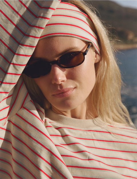 Front view of Apres June cream blue and raspberry stripe long sleeve tee – easy multi-colour stripe summer layering top