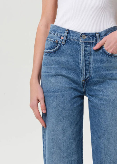 AGOLDE Ren Jean Shrine in medium indigo blue, soft touch denim no stretch, high-rise waist and cropped wide leg

