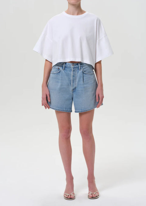 AGOLDE Rhoda Pleated A-Line Short, Raft light indigo, vintage style shorts with pleat front detail, non stretch cotton, high rise a-line fit 