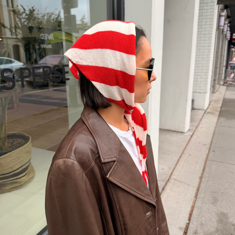 Givéh Red Stripe Lily Mini Scarf – 90% merino wool 10% cashmere handknit stripe scarf with embroidery, side view