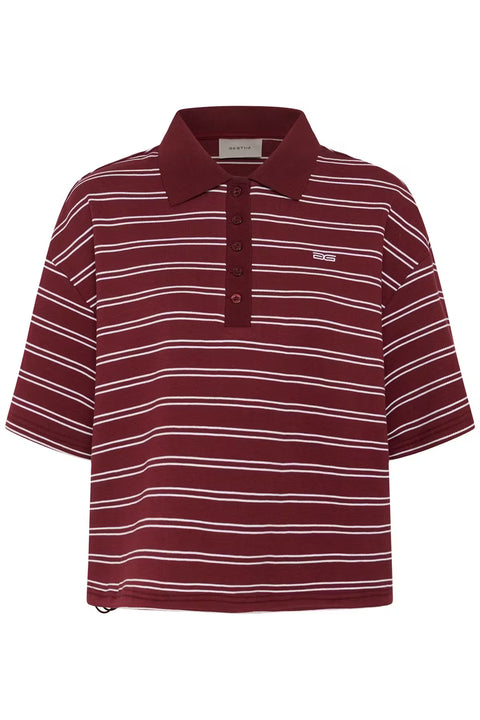 Gestuz Pilova Polo in Cabernet Stripe - boxy varsity-inspired polo with cinched hem, structured collar, and dropped shoulders