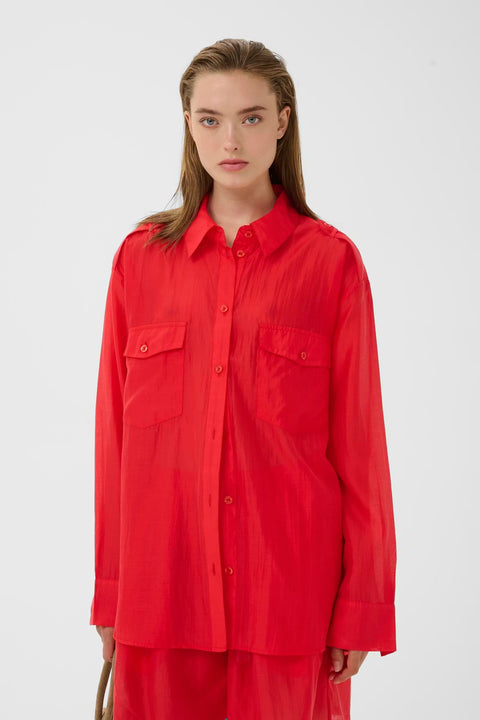 Gestuz Siora Tomato Shirt - Styled Shot of Women's Sheer Lyocell Shirt with Classic Collar