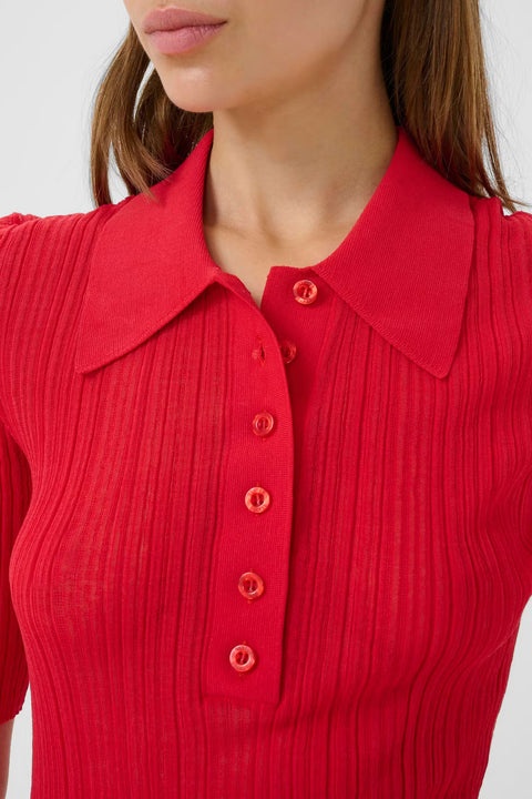 Gestuz Clene Polo Shirt in Tomato Red – women's ribbed polo with classic fit, pointed collar, button placket and elbow-length sleeves in a bold tomato red