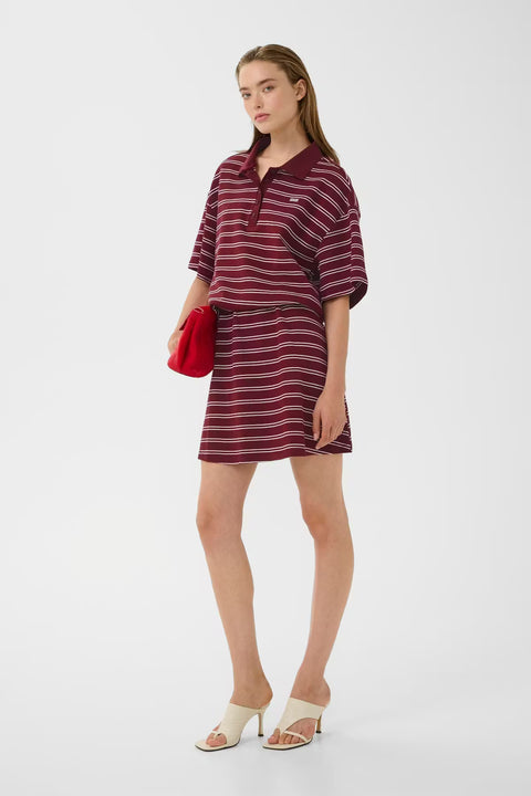 Gestuz Pilova Skirt in Cabernet Stripe - straight-cut a-line knit skirt with single pleat detail and elasticated waist