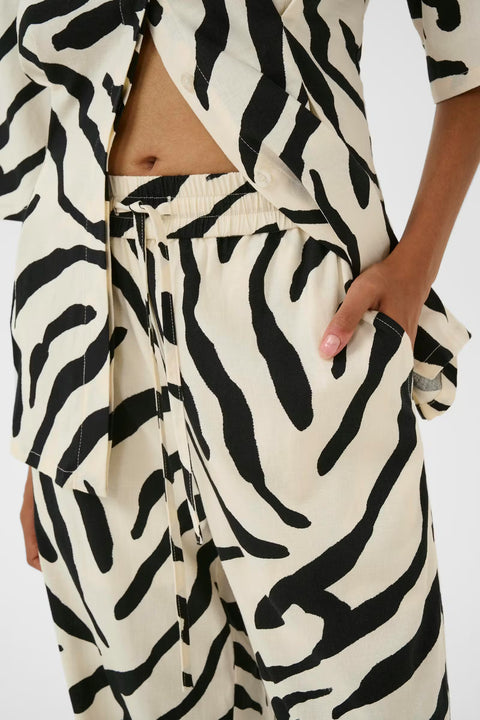 Gestuz Zeona Trousers in Zebra print - high-rise wide-leg viscose linen trousers with drawstring waistband, resort-ready statement piece