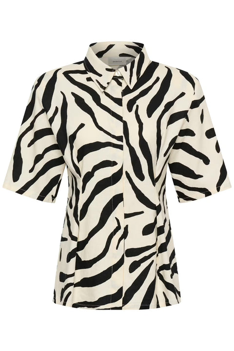 Gestuz Zeona Shirt in Zebra print - relaxed-fit short sleeve viscose linen shirt with standard collar and covered button placket