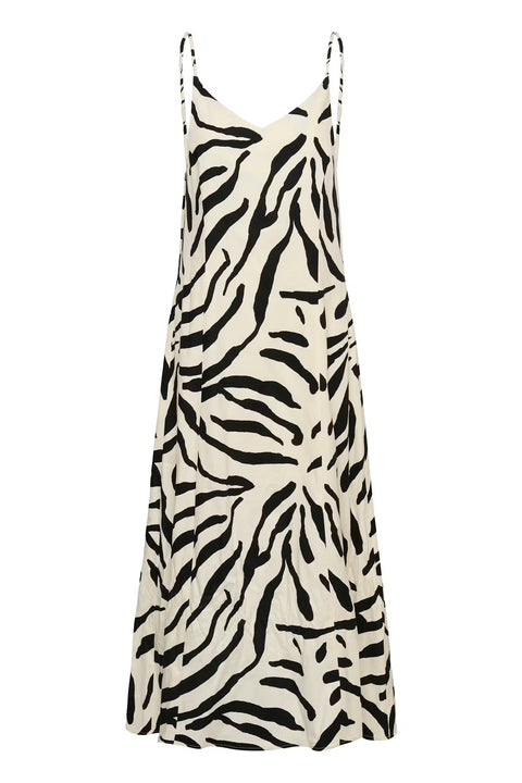 Gestuz Zeona Dress in Zebra print - ankle-length a-line viscose linen maxi dress with v-neckline and adjustable spaghetti straps