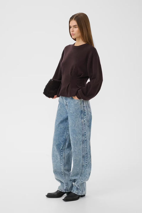 Gestuz Manzi Pullover Ganache — side view showing gathered peplum waist detail