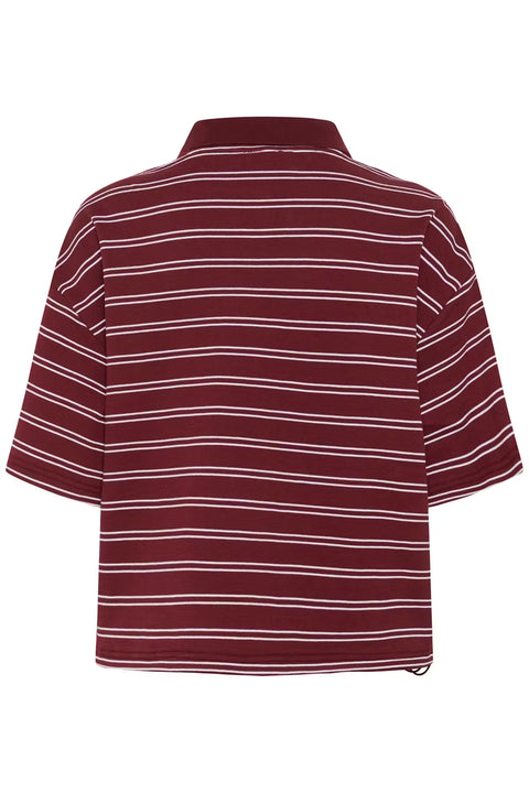 Gestuz Pilova Polo in Cabernet Stripe - boxy varsity-inspired polo with cinched hem, structured collar, and dropped shoulders