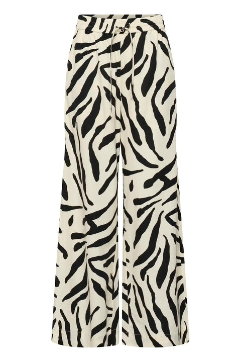 Gestuz Zeona Trousers in Zebra print - high-rise wide-leg viscose linen trousers with drawstring waistband, resort-ready statement piece