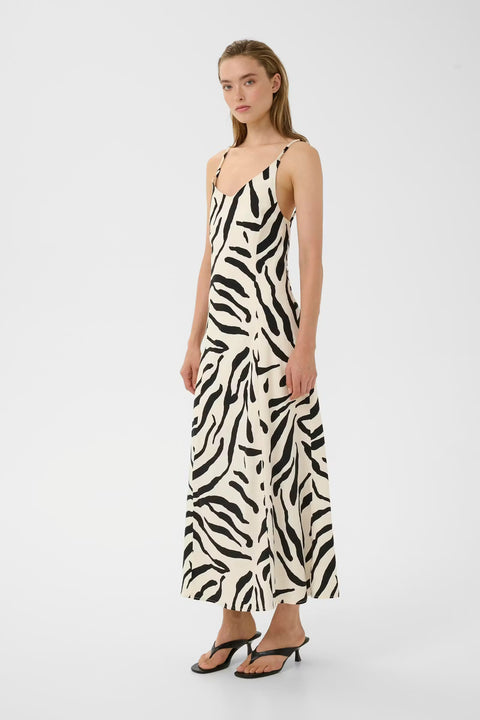 Gestuz Zeona Dress in Zebra print - ankle-length a-line viscose linen maxi dress with v-neckline and adjustable spaghetti straps