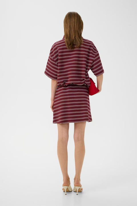 Gestuz Pilova Polo in Cabernet Stripe - boxy varsity-inspired polo with cinched hem, structured collar, and dropped shoulders