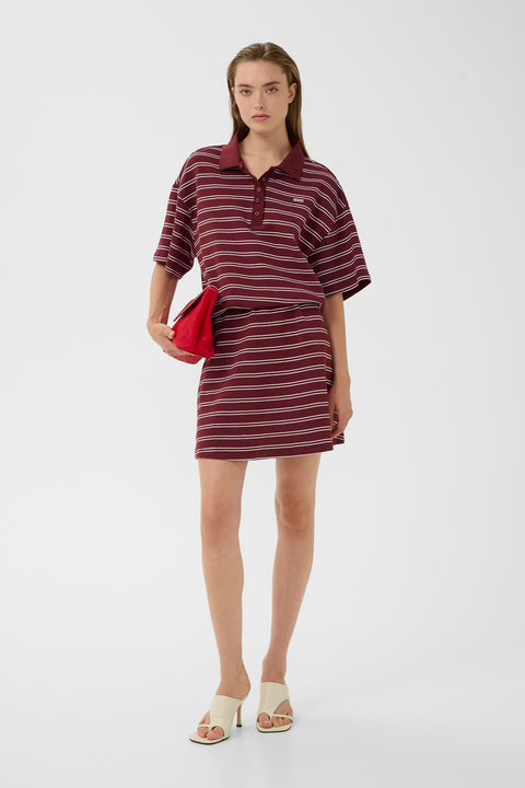 Gestuz Pilova Skirt in Cabernet Stripe - straight-cut a-line knit skirt with single pleat detail and elasticated waist