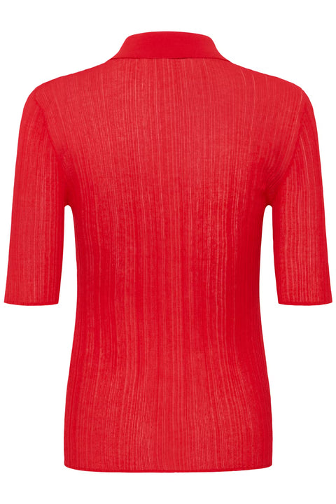 Gestuz Clene Polo Shirt in Tomato Red – women's ribbed polo with classic fit, pointed collar, button placket and elbow-length sleeves in a bold tomato red