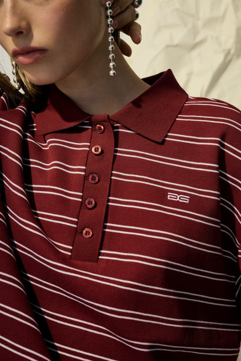 Gestuz Pilova Polo in Cabernet Stripe - boxy varsity-inspired polo with cinched hem, structured collar, and dropped shoulders