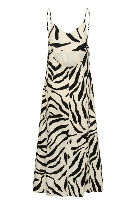 Gestuz Zeona Dress in Zebra print - ankle-length a-line viscose linen maxi dress with v-neckline and adjustable spaghetti straps