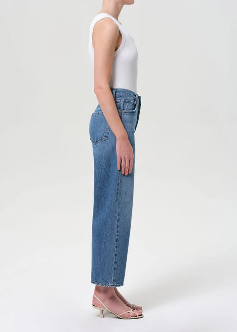 AGOLDE Ren Jean Shrine in medium indigo blue, soft touch denim no stretch, high-rise waist and cropped wide leg
