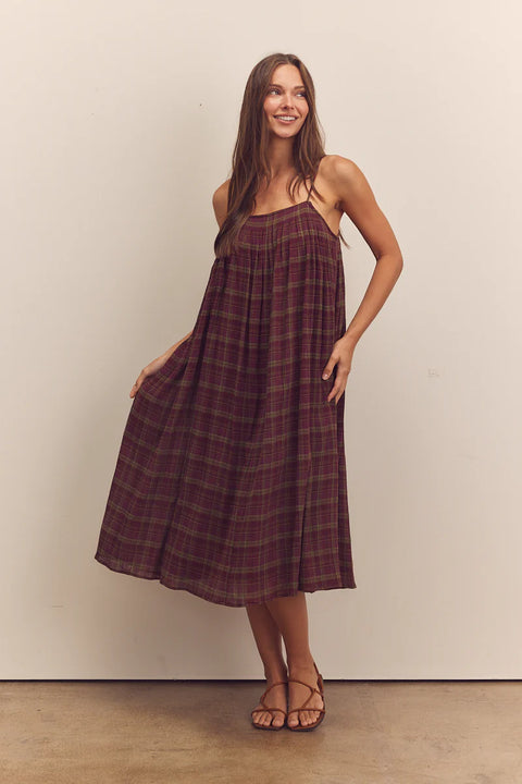 Amente, Pleated Cami Dress in Berry colour, Long dress, flowy, aline, sleeveless 