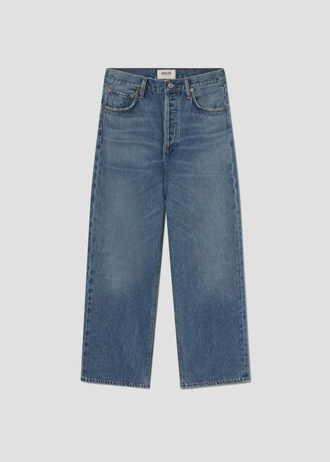 AGOLDE Ren Jean Shrine in medium indigo blue, soft touch denim no stretch, high-rise waist and cropped wide leg