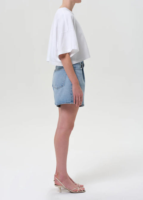 AGOLDE Rhoda Pleated A-Line Short, Raft light indigo, vintage style shorts with pleat front detail, non stretch cotton, high rise a-line fit 