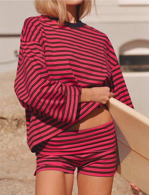 Close-up of Apres June pink and brown stripe tee contrast collar detail – dropped shoulder relaxed fit summer top