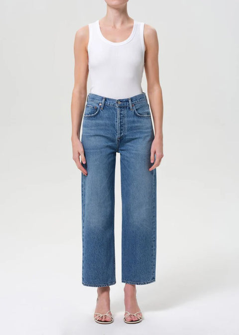 AGOLDE Ren Jean Shrine in medium indigo blue, soft touch denim no stretch, high-rise waist and cropped wide leg