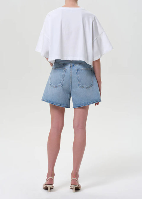 AGOLDE Rhoda Pleated A-Line Short, Raft light indigo, vintage style shorts with pleat front detail, non stretch cotton, high rise a-line fit 