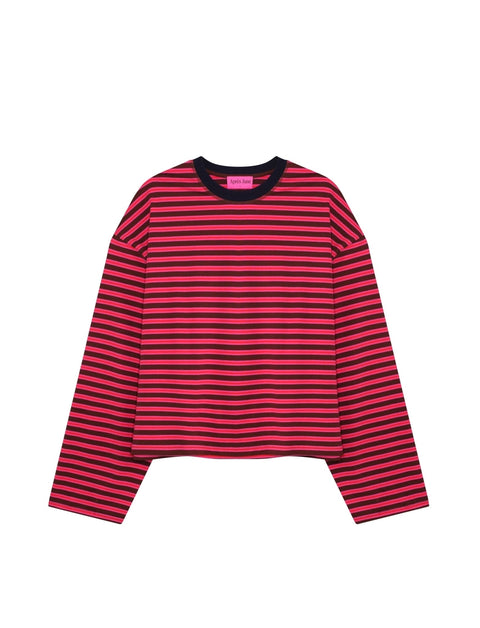 Apres June pink and brown striped long sleeve tee flat lay – lightweight 95% cotton oversized women's top