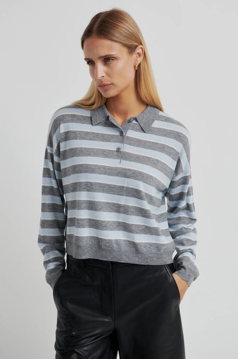 Second Female Miley Knit Rugby Collar | Light Blue & Grey Stripe