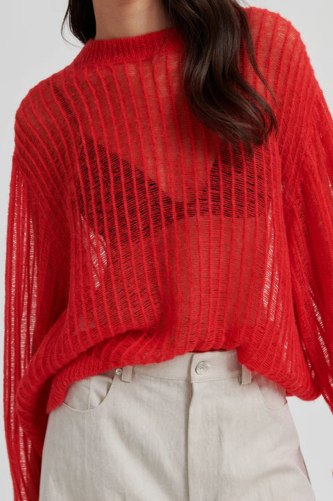 Second Female Second Female Georgina Knit O Neck in Poinciana Red: featuring knit, oversized, ribbed, crewneck