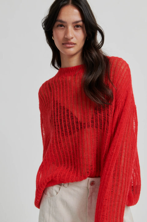 Second Female Second Female Georgina Knit O Neck in Poinciana Red: featuring knit, oversized, ribbed, crewneck
