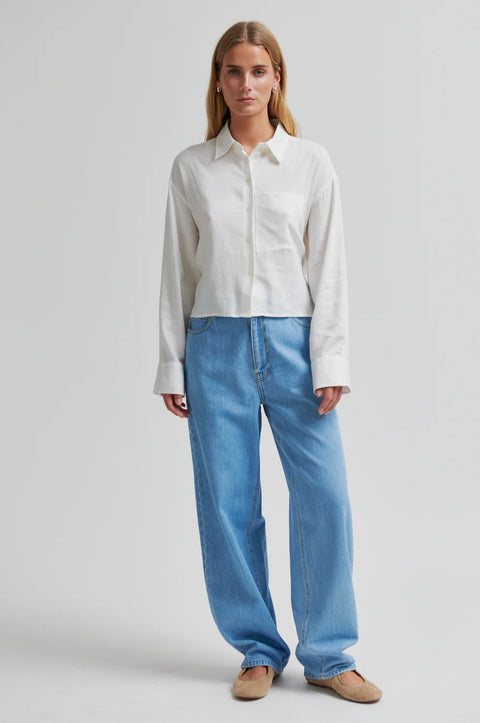 Second Female Veno Shirt White Alyssum - Back View Highlighting Open Back Design with Tie Waist Fastening