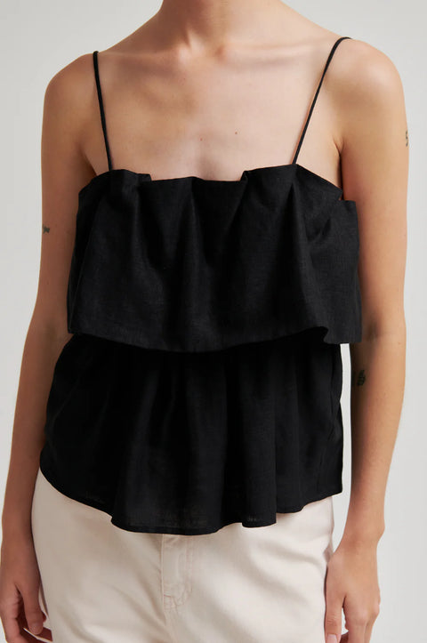 Second Female Aie Black Linen Top - Front View Showing Frilled Tier at Bust and Thin Adjustable Straps
